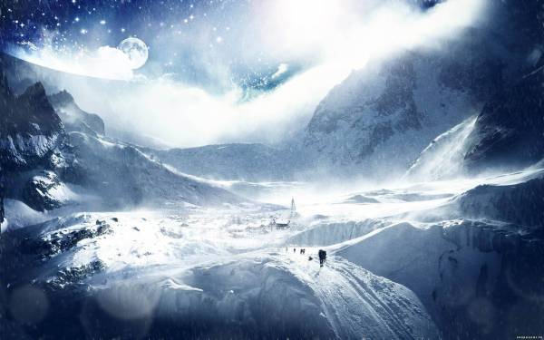 Буря зимой, горы, люди, фотошоп. Обои 1920х1200